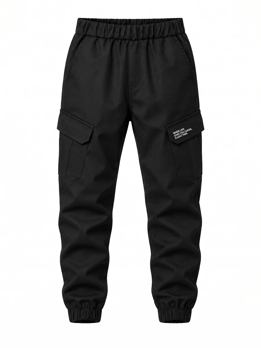 1pc Boys Black Woven Cargo Pants With Small Letter Print Accents, Suitable For Autumn/Winter Outdoor Activities - Black - View 1