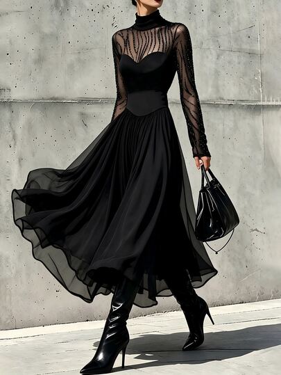 SHEIN طقم نسائي أنيق من قطعتين: ملابس علوية برقبة عالية وتصميم باتشوورك من الشبك الشفاف، وتنورة شيفون مبطنة بخصر مطاطي، مناسب للارتداء في المكتب والعودة للمدرسة والشارع والإجازات والكاجوال، للصيف والخريف/الشتاء