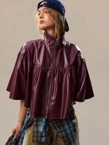 SHEIN 女款立領優雅荷葉邊中袖拉鍊開襟衫，寬鬆顯瘦時尚復古百搭短版夾克 - 酒紅色 - 查看 7