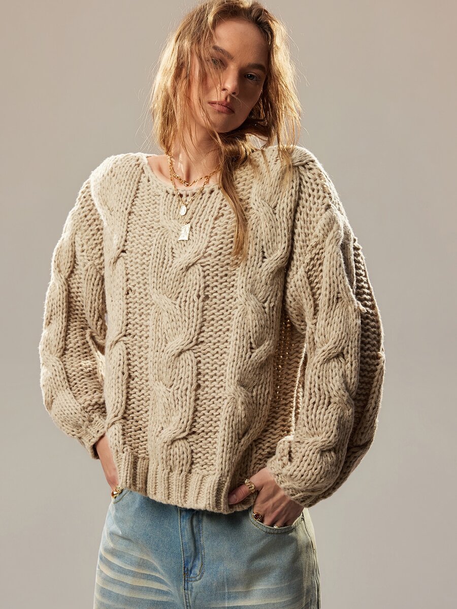 SoleilVie Pull épais à torsades ample à épaules dénudées | Mode en ...