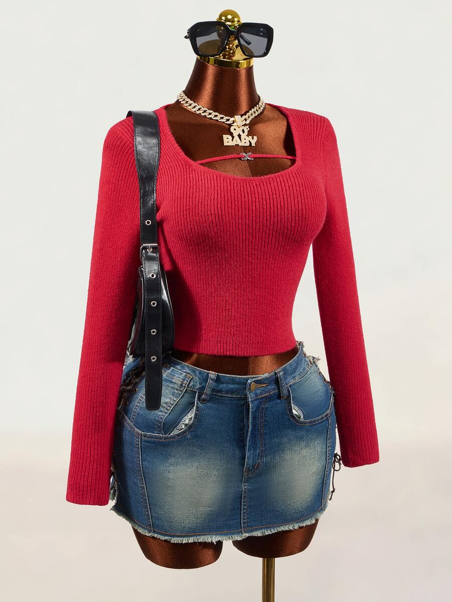 Mistrie Burgundy Ribbed Square Neck Long Sleeve Knit Crop Top With Metal Buckle Thin Strap Slim Fit Exposed Waist Sexy Knit Sweater