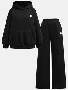 SHEIN Girlism 2件組青少年女孩純黑色冬季休閒度假返校復古寬鬆圖案連帽衛衣與運動長褲保暖運動套裝 - 黑色 - 查看 10