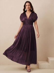 Anewsta 女款春夏新款優雅亮面高貴V領百褶細肩帶收腰洋裝，適合派對、度假、聚會 - Bold Plum - 查看 5