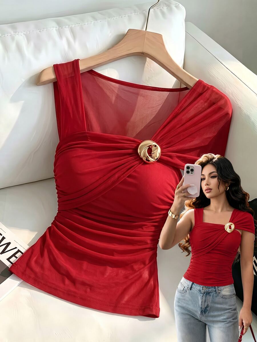 SHEIN Franclia 女款夏季網紗上衣,不對稱領口,披肩袖,金屬裝飾,透視設計,休閒度假街頭風 - 紅色 - 查看 1