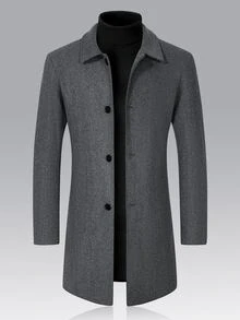 Manfinity CasualCool 男士商務灰色粗花呢單排扣大衣，修身直筒版型，都會商務優雅通勤風 - 灰色 - 查看 8