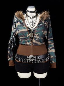 Sunspun Distressed Elf Wasteland Camouflage Hooded Jacket, Nomadic Textured Double Layer Layered Jacket, Distressed Frayed Edge Loose Oversize Functional Top, Elf Wasteland Camouflage Hooded Jacket, Nomadic Double Layer Layered Jacket - Army Green - View 5
