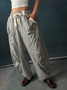 Bohemela Women's Striped Colorblock Drawstring Waist Pocket Loose Long Pants - Black and White - View 8
