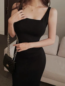 DAZY Solid Color Loose Long Sleeve Cardigan & Fitted Long Tank Dress Elegant Vacation Autumn/Winter Sweater 2 Pieces Set For Women - Black - View 7