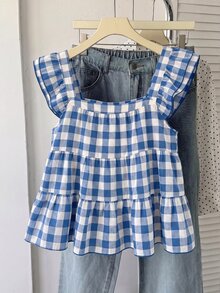 青少年女孩 春/夏新款 粉色與白色清新編織條紋休閒度假傘擺多層娃娃風背心上衣，休閒穿搭，夏季穿著 - 彩色 - 查看 2