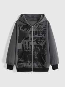 ROMWE Grunge Punk Plus Size Punk Graffiti Letter & Palm Print Graphic Sweatshirt - Dark Grey - View 1