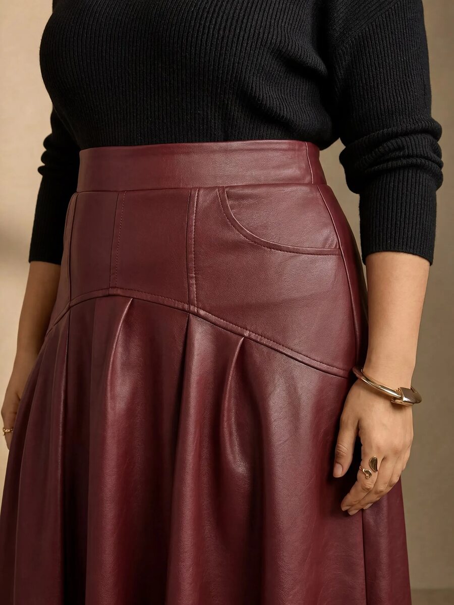 MOTF PREMIUM PLUS SIZE WOMEN'S PU LEATHER MID-LENGTH FOLD PLEATED FLARED SKIRT - Burgundy - View 2