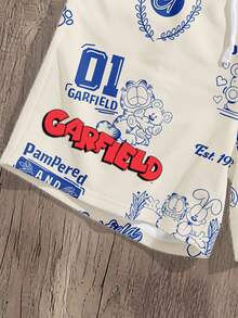GARFIELD | SHEIN Manfinity Joysei Men's Plus Size Letter Cartoon Print Drawstring Waist Casual Shorts - Apricot - View 4