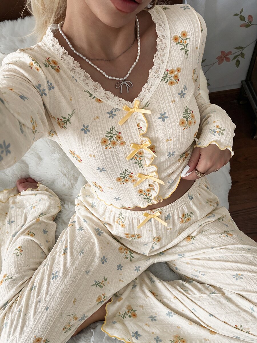 CottageSlumber Soft French Ditsy Floral Pajama Set, V-Neck Button Bow Long Sleeve Long Pants Loungewear - Yellow - View 1