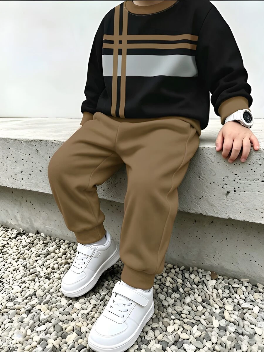 男童秋季新款拼色格紋圓領運動衫與慢跑褲2件套,休閒運動套裝,百搭時尚街頭風童裝,時尚寬鬆版型,日常穿著必備 - 彩色 - 查看 1