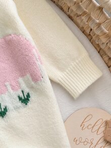 SHEIN 新生女嬰秋冬款可愛卡通圖案長袖針織連身衣 - 米色 - 查看 4