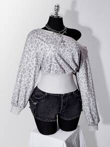 SHEIN ICON Plus Size Vintage Y2K Asymmetrical Shoulder Grey White Distressed Leopard Print Cinched Waist Long Sleeve Top - Multicolor - View 8