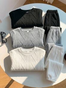 SHEIN 3件組買2送1兒童青少年男孩休閒基礎紋理針織圓領衛衣，黑色衛衣 白色衛衣 灰色衛衣，適合秋季、學校、家庭聚會、度假、派對、秋季穿搭、冬季穿搭 - 彩色 - 查看 3