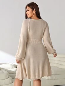 Solflare Plus Size Women Solid Color Round Neck Raglan Long Sleeve Waist Tie Knit Dress - Apricot - View 2