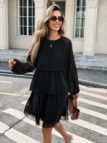 Serisse Women's Solid Color Round Neck Lantern Sleeve Patchwork Ruffle Hem Elegant Dress - Black - View 7