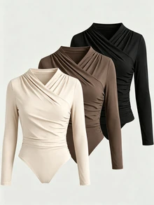 SHEIN LUNE Autumn Elegant Solid Color Wrap Bodysuit - Multicolor - View 1