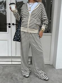 Dazy Maternity Contrast Stripe Loose Long Sleeve Hooded Sweatshirt & Straight Leg Pants Casual Daily Vacation Spring Autumn Maternity 2 Pieces Set - Apricot - View 1