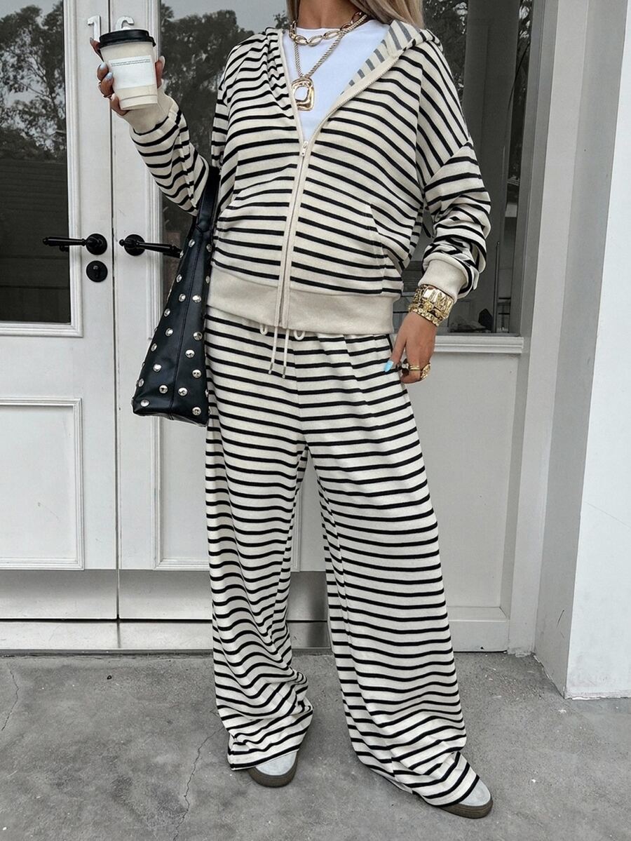 Dazy Maternity Contrast Stripe Loose Long Sleeve Hooded Sweatshirt & Straight Leg Pants Casual Daily Vacation Spring Autumn Maternity 2 Pieces Set - Apricot - View 1