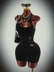Amplova High Neck Fully Transparent Bodycon Mini Dress With Cutouts, Open Back, Waist-Cinching, Y2K Halloween Outfit For Women, Knitted - Black - View 7