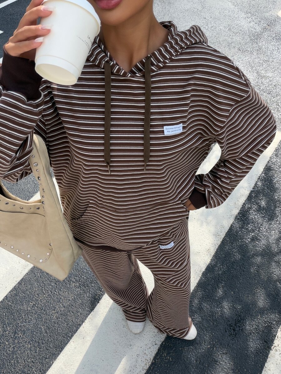 Muchica Brown Striped Knit Casual Sweatshirt Set For Women Brown Striped Hat Wearing Two-Piece Set With Suede Insulation For Autumn And Winter Casual Home - Brown - View 1