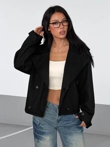 SHEIN LUNE 女款短版夾克,羊毛布料拼接人造毛 - 黑色 - 查看 5
