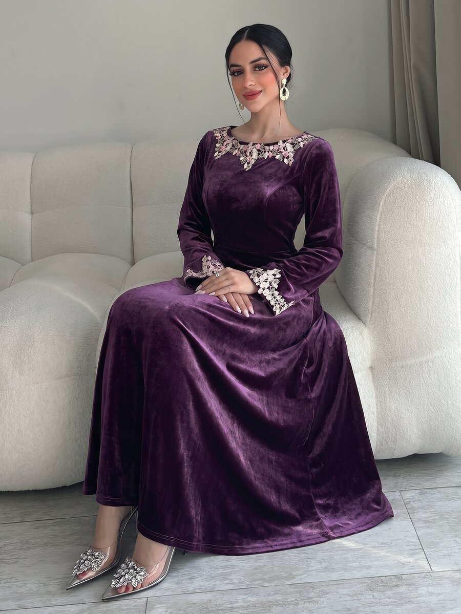 Al Najma Women's Applique Decorated Round Neck Long Sleeve Elegant Arabian Dress - Purple - View 1
