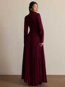 COSMINA Women's Elegant Party Solid Color Blouse Pleated Skirt Blazer Suit Set - Burgundy - View 5