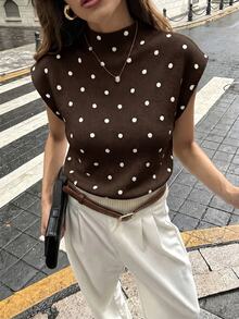 Firerie 女款優雅高領寬鬆休閒百搭無袖針織背心上衣，適合約會，時尚 - 棕色 - 查看 6