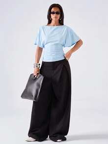 LYSMO Women's Casual Comfortable Wide Collar Light Blue Ruched Waist Mid-Length Sleeve Top - Baby Blue - View 4