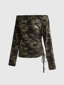 ROMWE J-Fashion Y2K Sexy Hot Girl Striped Batwing Sleeve Ruched Drawstring Off-Shoulder Women's Set - Army Green - View 5