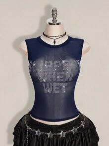 SHEIN ICON 大尺碼 Y2K 夏季黑色性感透視網紗水鑽亮片露背修身背心（附水鑽字母裝飾） - 藏蓝色 - 查看 3
