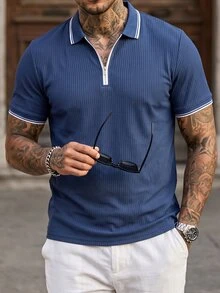 Manfinity CasualCool 男士時尚休閒短袖 Polo 衫，男士針織提花上衣，條紋短袖 Polo 衫，復古風格，日常休閒穿著 - 藍色 - 查看 3