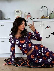 ZzzCrew Set Piyama Wanita Seksi Lengan Panjang Motif Kartun Halloween - MultiWarna - View 5