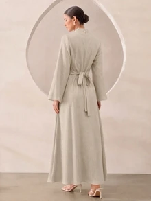 Al Najma Women's Long Elegant Casual Daily Robe With Waist Cinched And Split Hem - Apricot - View 2