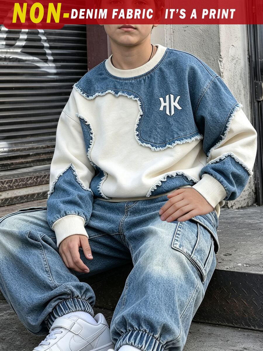 2件組青少年男孩時尚極簡舒適圓領衛衣與工裝褲套裝,印花Logo設計,適合假日派對休閒穿著,5-15°C男孩春/秋/冬首選,街頭風,返校與聚會休閒穿搭 - 彩色 - 查看 1