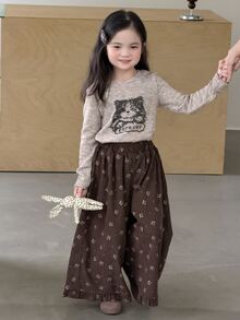 DAZY Girls' (Ditsy Ditsy Floral Wide Leg Casual Pants With Frill Trim, Cute And Stylish Fall - Brown - View 4