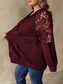 SHEIN CURVE+ Plus Size Women's Solid Green Lace-Trimmed Raglan Sleeve Drawstring Hooded Sweatshirt Fall - Burgundy - View 4