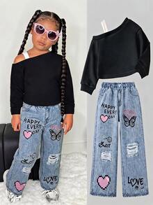 SHEIN SLAYR KIDS Young Girls Street Fashion Black Asymmetrical Shoulder Sweatshirt Top & Denim Effect Loose Pants Set - Baby Blue - View 1