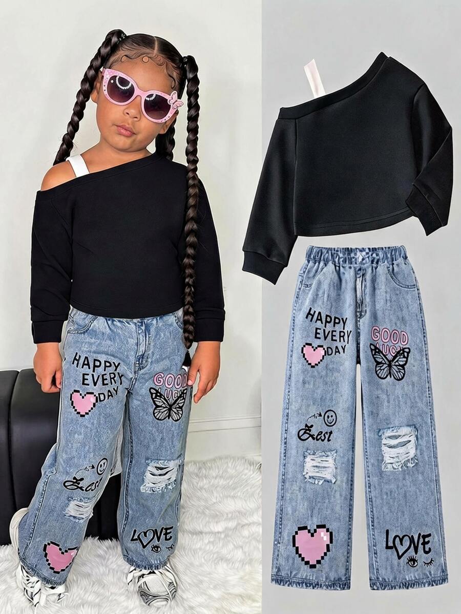 SHEIN SLAYR KIDS Young Girls Street Fashion Black Asymmetrical Shoulder Sweatshirt Top & Denim Effect Loose Pants Set - Baby Blue - View 1