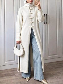 Elenzga Elegant Ru Yi Button Hem Side Slit Long Sleeve Cardigan For Women - Apricot - View 2