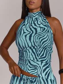 MUSERA Zebra Print Ruched Halterneck Detail Top Summer Fall Winter Day Outfit  Womens Outfit - Teal Blue - View 2