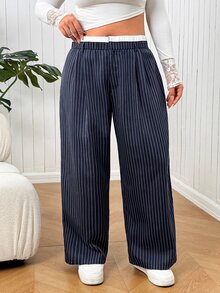SHEIN EZwear Plus Size Women's Striped Wide Leg Loose Casual Suit Pants - Blue and White - View 6