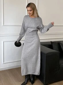 DAZY Autumn/Winter Round Neck Loose Minimalist Casual Commute Grey Women Sweater Dress - Grey - View 2