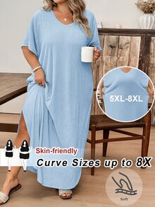 SHEIN CURVE+ 大尺碼女款純色V領蝙蝠袖口袋休閒T恤洋裝 - 淺藍色 - 查看 1