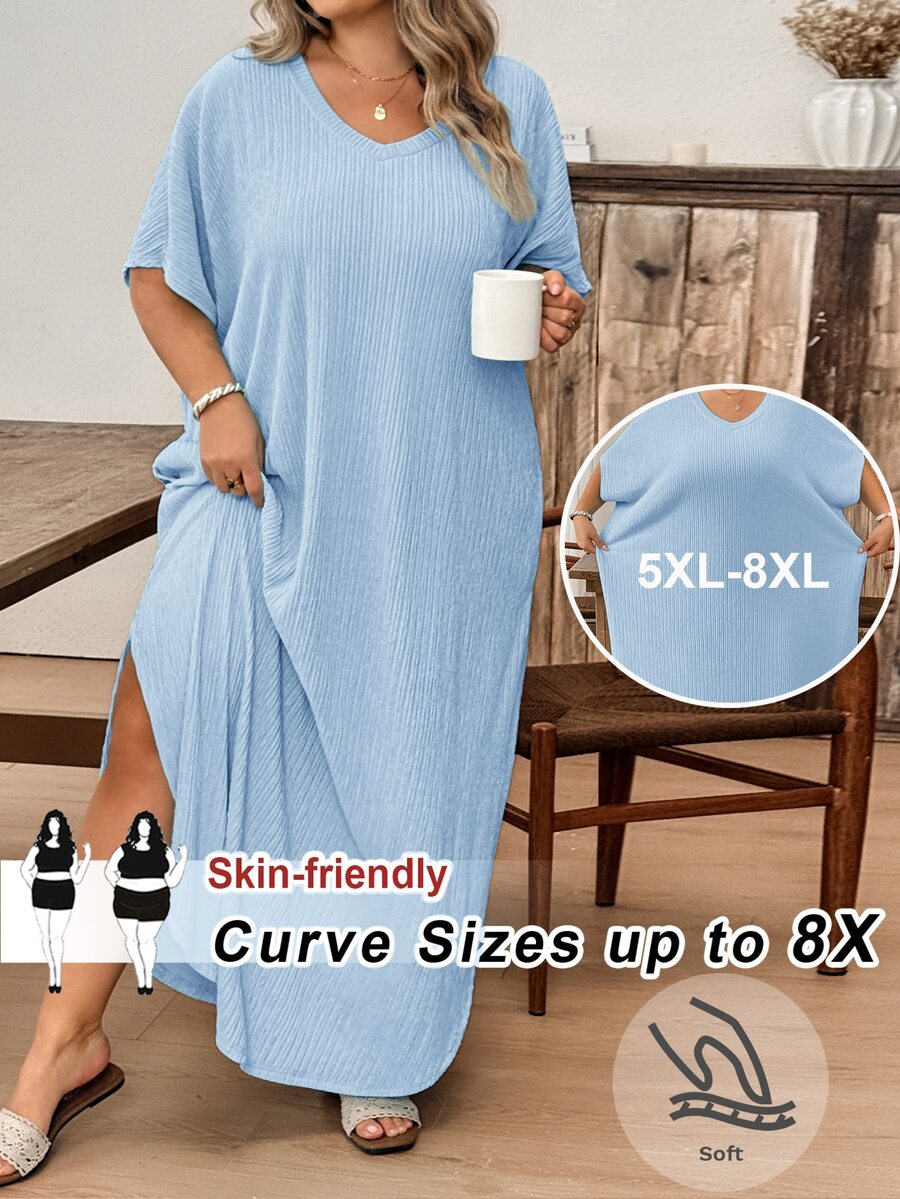 SHEIN CURVE+ 大尺碼女款純色V領蝙蝠袖口袋休閒T恤洋裝 - 淺藍色 - 查看 1