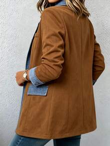 Auvina Plus Size Women's Colorblock Casual Commuter Blazer Jacket - Coffee Brown - View 2